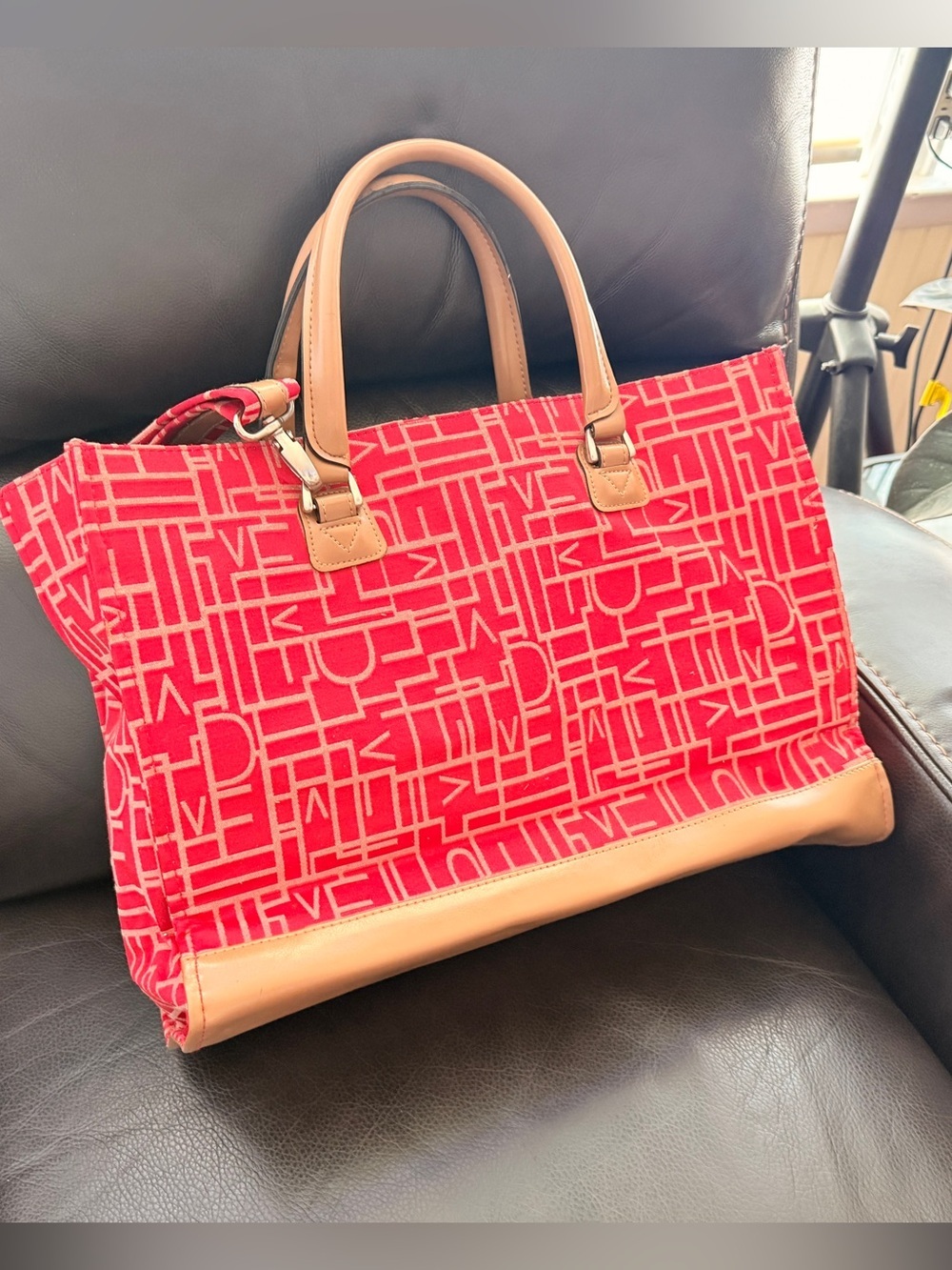 Diane Von Furstenberg Tote Bag Large Red Monogram Weekend Travel Canvas Leather - Picture 5 of 10